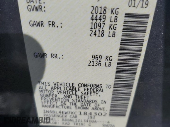 2019 Nissan Altima SL with VIN 1N4BL4EW7KC184302, listed as a Copart auction lot 48320525 with 110,981 mi miles and Salvage Title. Bid and sale history available at carsss.com. Image 12.