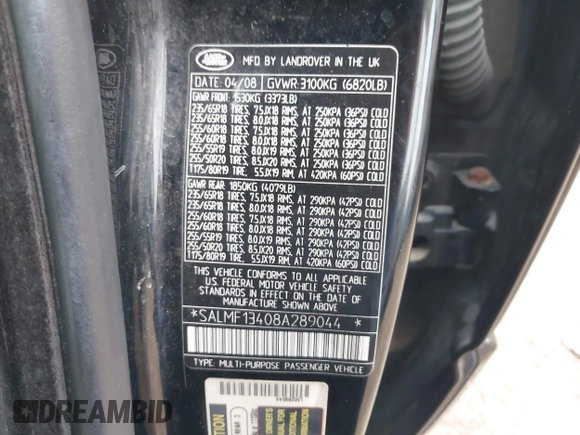 2008 Land Rover Range Rover SC with VIN SALMF13408A289044, listed as a IAAI auction lot 42010360 with 125,929 mi miles and . Bid and sale history available at DreamBid. Image 9.
