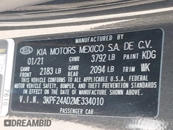 2021 Kia Forte LXS z VIN 3KPF24AD2ME334010, wystawiony jako IAAI lot #42067027 z przebiegiem 76 325 mil mil oraz . Historia ofert i sprzedaży dostępna na DreamBid. Obrazek 9.
