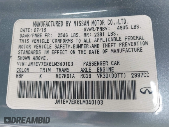 2020 Infiniti Q60 Luxe with VIN JN1EV7EK6LM340103, listed as a IAAI auction lot 41513787 with 81,054 mi miles and . Bid and sale history available at DreamBid. Image 9.