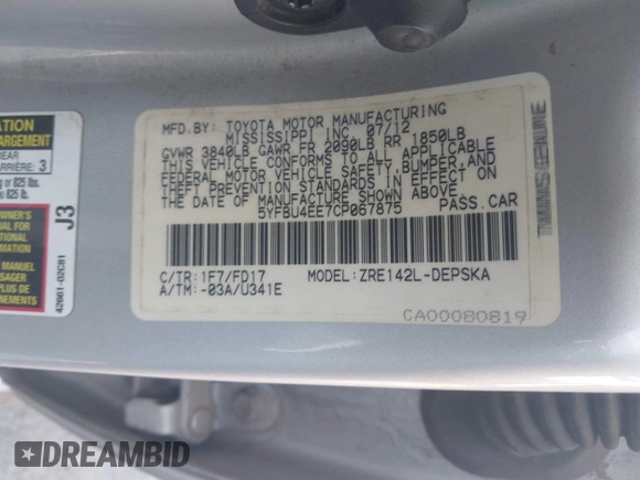 2012 Toyota Corolla L with VIN 5YFBU4EE7CP067875, listed as a IAAI auction lot 42104406 with 277,607 mi miles. Bid and sale history available at carsss.com. Image 9.