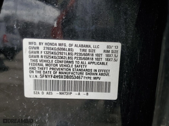 2013 Honda Pilot Touring with VIN 5FNYF4H9XDB053467, listed as a Copart auction lot 48656455 with 154,621 mi miles and Salvage Title. Bid and sale history available at carsss.com. Image 13.