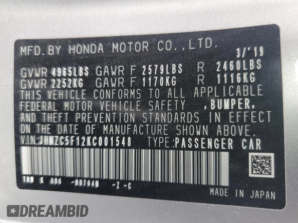 2019 Honda Clarity Plug-In Hybrid with VIN JHMZC5F12KC001548, listed as a Copart auction lot 48578464 with 53,965 mi miles. Bid and sale history available at carsss.com. Image 13.