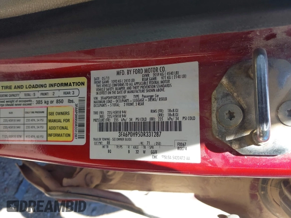 2013 Ford Fusion SE with VIN 3FA6P0H95DR331287, listed as a IAAI auction lot 42298923 with 251,813 mi miles and . Bid and sale history available at DreamBid. Image 9.
