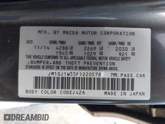 2015 Mazda 6 i Grand Touring with VIN JM1GJ1W55F1220578, listed as a IAAI auction lot 42076034 with 77,904 mi miles and . Bid and sale history available at carsss.com. Image 9.