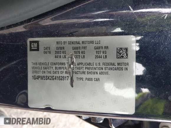 2016 Buick Verano Sport Touring with VIN 1G4PW5SK2G4162817, listed as a IAAI auction lot 42025943 with 45,315 mi miles and . Bid and sale history available at DreamBid. Image 9.