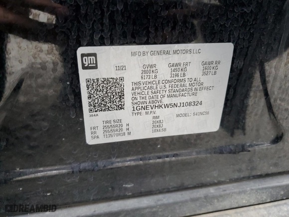 2022 Chevrolet Traverse LT Leather with VIN 1GNEVHKW5NJ108324, listed as a Copart auction lot 86741494 with 137,882 mi miles and Salvage Title. Bid and sale history available at carsss.com. Image 15.