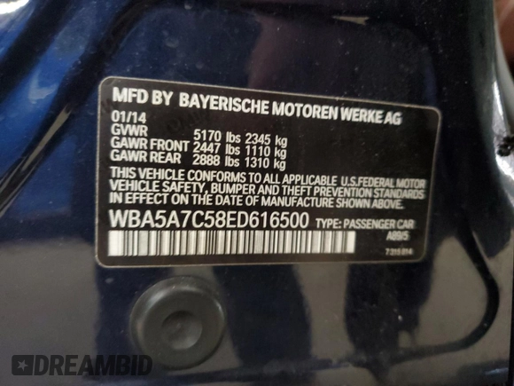 2014 BMW 5 Series 528i xDrive with VIN WBA5A7C58ED616500, listed as a Copart auction lot 57780045 with 110,050 mi miles and Salvage title. Bid and sale history available at DreamBid. Image 12.
