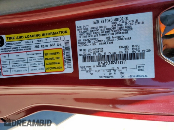2019 Ford Mustang GT with VIN 1FA6P8CF4K5161211, listed as a Copart auction lot 53487895 with 46,877 mi miles and Salvage Title. Bid and sale history available at carsss.com. Image 12.