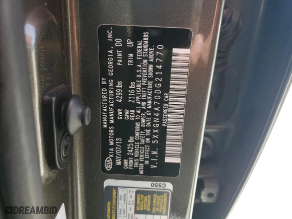 2013 Kia Optima EX with VIN 5XXGN4A70DG214770, listed as a Copart auction lot 51076485 with 167,760 mi miles and Salvage Title. Bid and sale history available at carsss.com. Image 12.