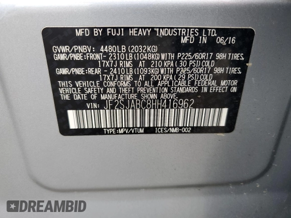 2017 Subaru Forester with VIN JF2SJABC8HH416962, listed as a Copart auction lot 54954605 with 188,760 mi miles and Salvage Title. Bid and sale history available at DreamBid. Image 13.