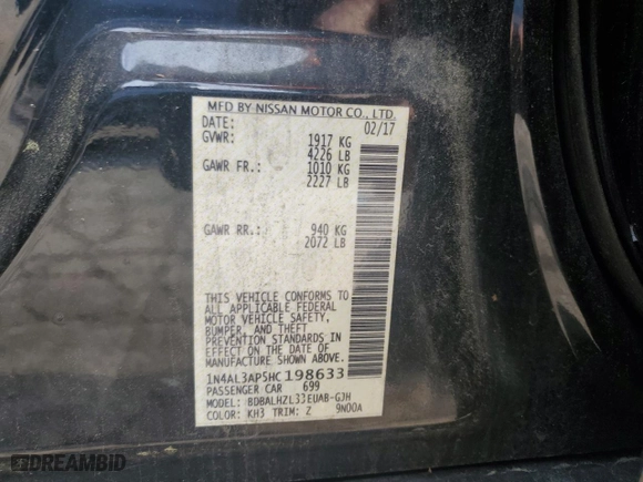 2017 Nissan Altima 2.5 SR with VIN 1N4AL3AP5HC198633, listed as a Copart auction lot 54217475 with 91,357 mi miles and Clean Title. Bid and sale history available at carsss.com. Image 12.