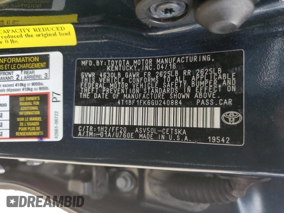 2016 Toyota Camry XLE with VIN 4T1BF1FK6GU240884, listed as a Copart auction lot 48065875 with 100,280 mi miles and Salvage Title. Bid and sale history available at carsss.com. Image 13.