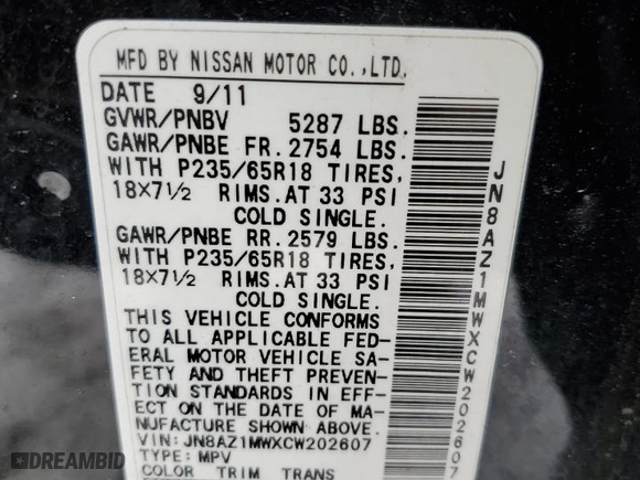 2012 Nissan Murano LE with VIN JN8AZ1MWXCW202607, listed as a Copart auction lot 43558685 with 143,880 mi miles and Salvage Title. Bid and sale history available at carsss.com. Image 13.