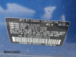 2022 Subaru WRX Premium with VIN JF1VBAF64N9013814, listed as a IAAI auction lot 42452692 with 28,081 mi miles and . Bid and sale history available at DreamBid. Image 9.