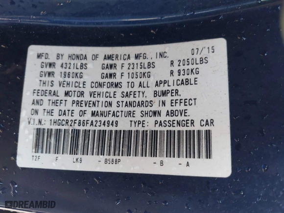 2015 Honda Accord Sedan EX-L with VIN 1HGCR2F86FA234949, listed as a IAAI auction lot 41763558 with 184,356 mi miles. Bid and sale history available at carsss.com. Image 9.