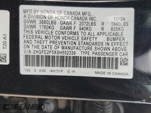 2025 Honda Civic Sedan Sport with VIN 2HGFE2F5XSH552339, listed as a Copart auction lot 43200375 with 6,258 mi miles and Salvage Title. Bid and sale history available at carsss.com. Image 15.