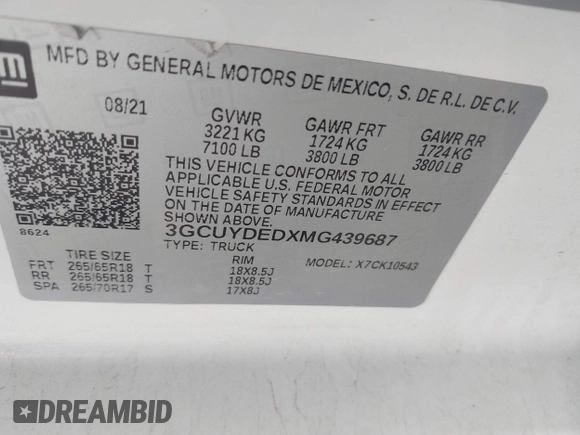 2021 Chevrolet Silverado 1500 LT z VIN 3GCUYDEDXMG439687, wystawiony jako IAAI lot #42561881 z przebiegiem 100 793 mil mil oraz . Historia ofert i sprzedaży dostępna na DreamBid. Obrazek 9.