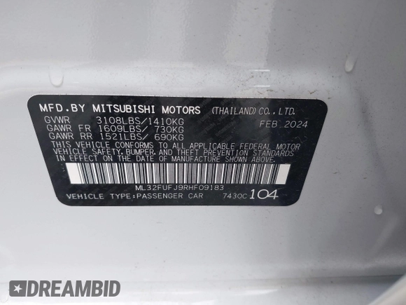 2024 Mitsubishi Mirage ES with VIN ML32FUFJ9RHF09183, listed as a IAAI auction lot 42383723 with 480 mi miles and . Bid and sale history available at DreamBid. Image 9.