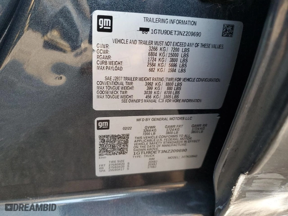 2022 GMC Sierra 1500 Limited SLT with VIN 1GTU9DET3NZ209690, listed as a Copart auction lot 88493815 with 38,125 mi miles and Salvage Title. Bid and sale history available at carsss.com. Image 14.
