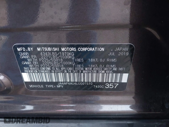 2020 Mitsubishi Outlander Sport SE 2.0 with VIN JA4AP4AU4LU001510, listed as a IAAI auction lot 41538831 with 69,781 mi miles. Bid and sale history available at carsss.com. Image 9.