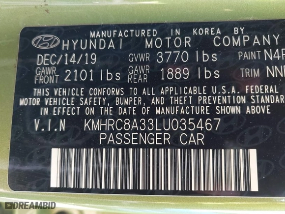 2020 Hyundai Venue SEL with VIN KMHRC8A33LU035467, listed as a IAAI auction lot 41692538 with 41,786 mi miles. Bid and sale history available at carsss.com. Image 9.