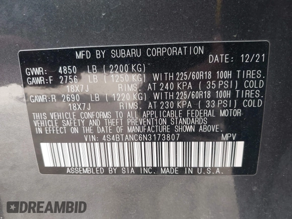 2022 Subaru Outback Limited z VIN 4S4BTANC6N3173807, wystawiony jako IAAI lot #42066320 z przebiegiem 52 441 mil mil oraz . Historia ofert i sprzedaży dostępna na DreamBid. Obrazek 9.