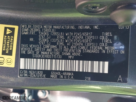 2013 Toyota Highlander with VIN 5TDZK3EHXDS115130, listed as a IAAI auction lot 41974068 with 156,510 mi miles. Bid and sale history available at carsss.com. Image 9.
