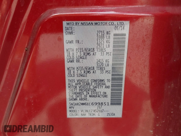 2014 Nissan Pathfinder S z VIN 5N1AR2MM6EC699851, wystawiony jako IAAI lot #42560019 z przebiegiem 186 627 mil mil oraz . Historia ofert i sprzedaży dostępna na DreamBid. Obrazek 9.