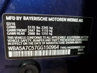 2016 BMW 5 Series 528i xDrive with VIN WBA5A7C57GG150964, listed as a Copart auction lot 56468805 with Not provided miles and Salvage title. Bid and sale history available at DreamBid. Image 12.
