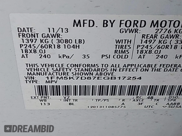 2014 Ford Explorer XLT with VIN 1FM5K7D87EGB17254, listed as a IAAI auction lot 42770996 with 115,878 mi miles and . Bid and sale history available at DreamBid. Image 9.