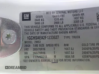 2015 Chevrolet Colorado 2WD WT с VIN 1GCHSAEA2F1233627, выставлен на аукционе IAAI как лот 41089177 с пробегом 110 181 миль миль и . История ставок и продаж доступна на DreamBid. Изображение 9.
