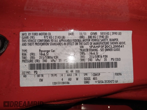 2012 Ford Focus SE with VIN 1FAHP3F20CL299541, listed as a IAAI auction lot 41948301 with 133,133 mi miles. Bid and sale history available at carsss.com. Image 9.