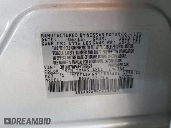 2015 Nissan Sentra SR with VIN 3N1AB7AP4FY335427, listed as a Copart auction lot 51349265 with 103,843 mi miles and Salvage Title. Bid and sale history available at DreamBid. Image 12.