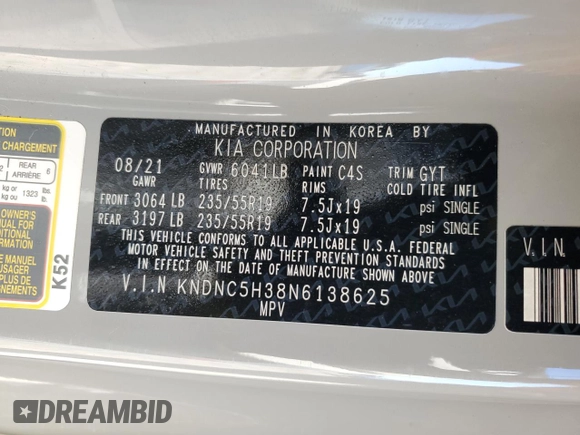 2022 Kia Carnival EX with VIN KNDNC5H38N6138625, listed as a Copart auction lot 43135535 with 53,070 mi miles and Salvage Title. Bid and sale history available at DreamBid. Image 15.