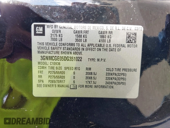 2013 Chevrolet Avalanche LTZ with VIN 3GNMCGE05DG351022, listed as a IAAI auction lot 41138090 with 197,159 mi miles and . Bid and sale history available at DreamBid. Image 9.