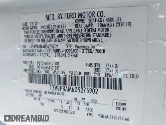 2013 Ford Mustang V6 with VIN 1ZVBP8AM6D5275902, listed as a IAAI auction lot 41750633 with 246,762 mi miles and . Bid and sale history available at DreamBid. Image 9.