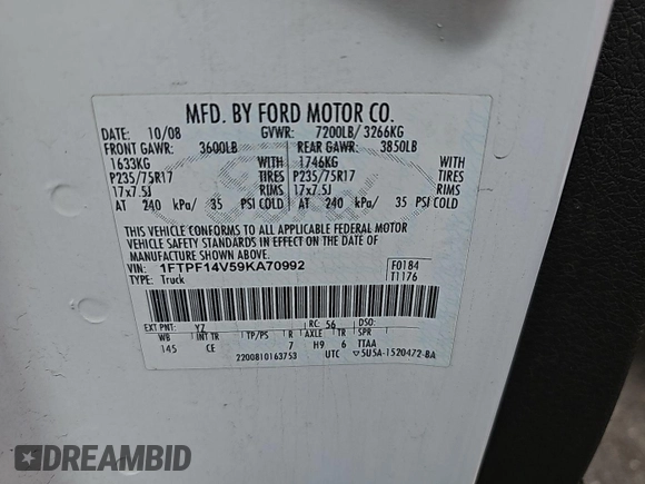 2009 Ford F-150 XL z VIN 1FTPF14V59KA70992, wystawiony jako IAAI lot #42737715 z przebiegiem 257 210 mil mil oraz . Historia ofert i sprzedaży dostępna na DreamBid. Obrazek 12.