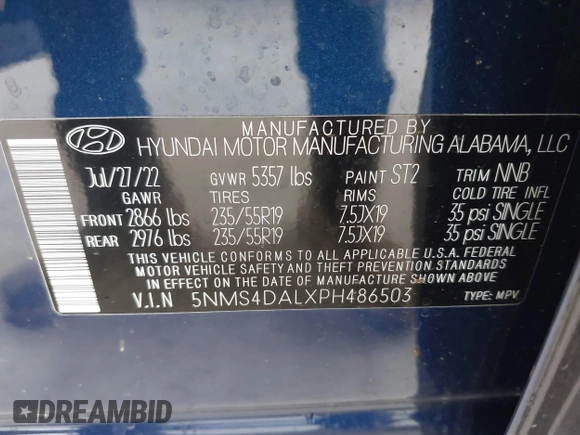 2023 Hyundai Santa Fe Limited with VIN 5NMS4DALXPH486503, listed as a IAAI auction lot 42150944 with 17,197 mi miles and . Bid and sale history available at DreamBid. Image 9.