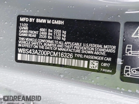 2023 BMW M4 Competition xDrive с VIN WBS43AZ00PCM16326, выставлен на аукционе IAAI как лот 42153872 с пробегом 10 165 миль миль и . История ставок и продаж доступна на DreamBid. Изображение 9.