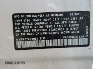 2021 Volkswagen Arteon SE с VIN WVWAR7AN3ME012195, выставлен на аукционе Copart как лот 60237885 с пробегом 49 396 миль миль и Чистый • Clean title. История ставок и продаж доступна на DreamBid. Изображение 12.