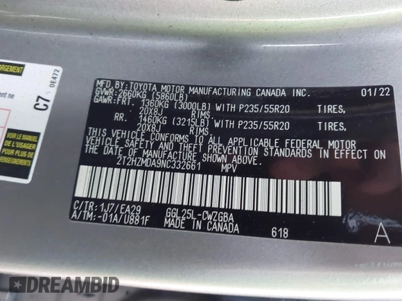 2022 Lexus RX with VIN 2T2HZMDA9NC332661, listed as a IAAI auction lot 41877725 with 19,045 mi miles. Bid and sale history available at carsss.com. Image 9.
