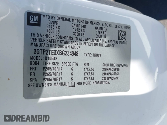 2011 GMC Sierra 1500 with VIN 3GTP2TE3XBG234948, listed as a IAAI auction lot 41880384 with Not Provided miles and . Bid and sale history available at DreamBid. Image 9.