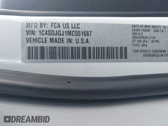 2021 Dodge Durango SRT 392 with VIN 1C4SDJGJ1MC551687, listed as a IAAI auction lot 41569986 with 38,039 mi miles and . Bid and sale history available at DreamBid. Image 9.