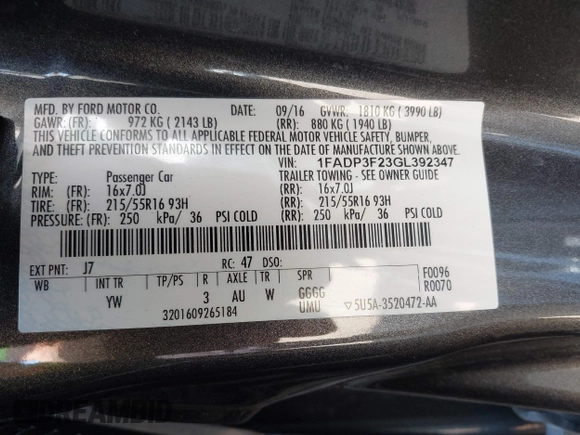 2016 Ford Focus SE with VIN 1FADP3F23GL392347, listed as a IAAI auction lot 39951722 with 143,679 mi miles. Bid and sale history available at carsss.com. Image 9.