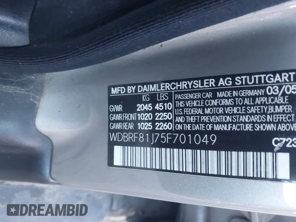2005 Mercedes-Benz C 240 with VIN WDBRF81J75F701049, listed as a IAAI auction lot 41429071 with Not Provided miles and . Bid and sale history available at DreamBid. Image 9.