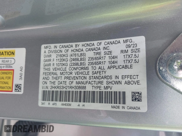 2024 Honda CR-V LX with VIN 2HKRS3H21RH308688, listed as a IAAI auction lot 41350785 with 19,835 mi miles and . Bid and sale history available at DreamBid. Image 9.