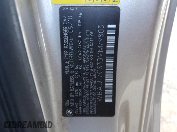2011 BMW 1 Series 128i with VIN WBAUL7C53BVM79803, listed as a Copart auction lot 89258015 with 132,266 mi miles and Salvage title. Bid and sale history available at DreamBid. Image 12.