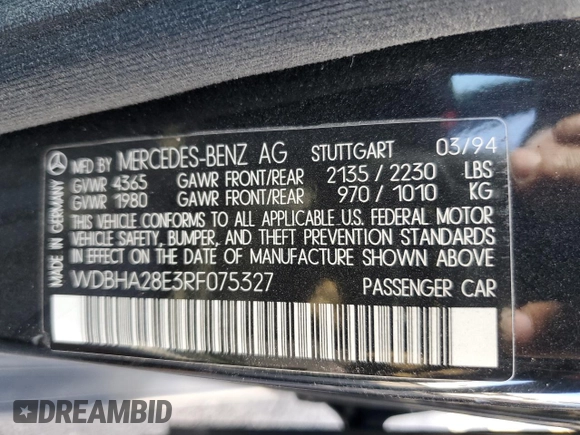 1994 Mercedes-Benz C z VIN WDBHA28E3RF075327, wystawiony jako Copart lot #57819825 z przebiegiem 83 224 mil mil oraz Szkoda całkowita • Salvage title. Historia ofert i sprzedaży dostępna na DreamBid. Obrazek 13.
