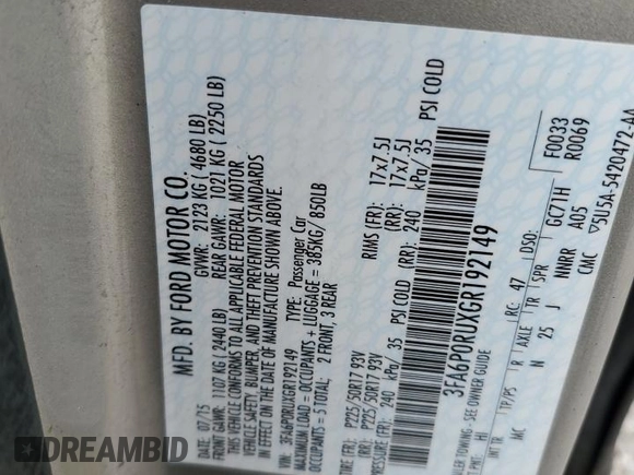 2016 Ford Fusion Titanium Hybrid with VIN 3FA6P0RUXGR192149, listed as a Copart auction lot 54270795 with 175,260 mi miles and Salvage title. Bid and sale history available at DreamBid. Image 12.